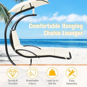 Metal Outdoor Patio Chaise Lounge Chair with Beige Canopy Cushions