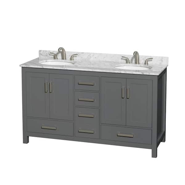 Wyndham Collection Sheffield 60 in. W x 22 in. D x 35 in. H Double Bath Vanity in Dark Gray with White Carrara Marble Top