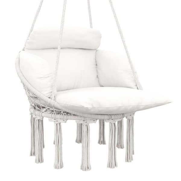 Hammock Swing Chair Outdoor Hanging Chair with Large Cushion Cotton Rope Weaving Macrame Swing with Chain in Cream White