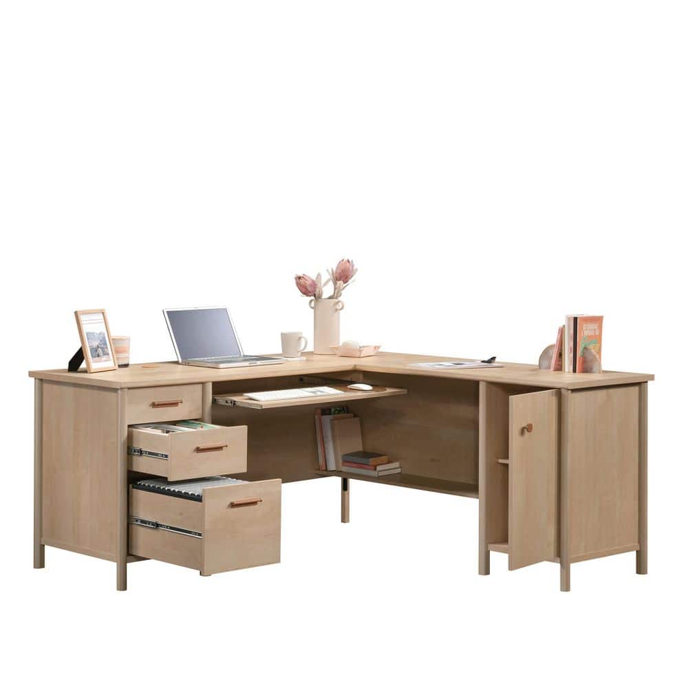 Natural Maple L-Shaped Computer Desk with Drawers and Keyboard Tray