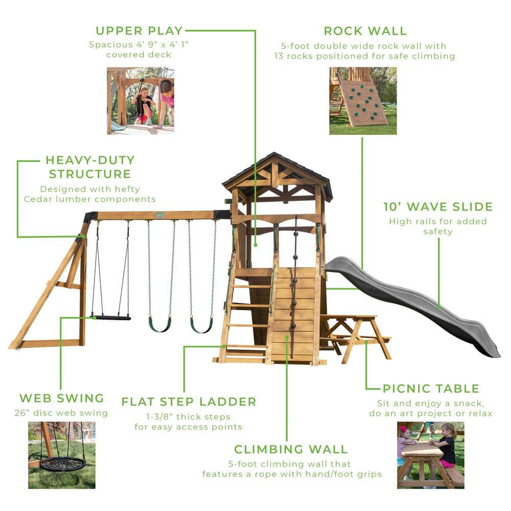 Endeavor II Cedar Swing Set with Gray Wave Slide