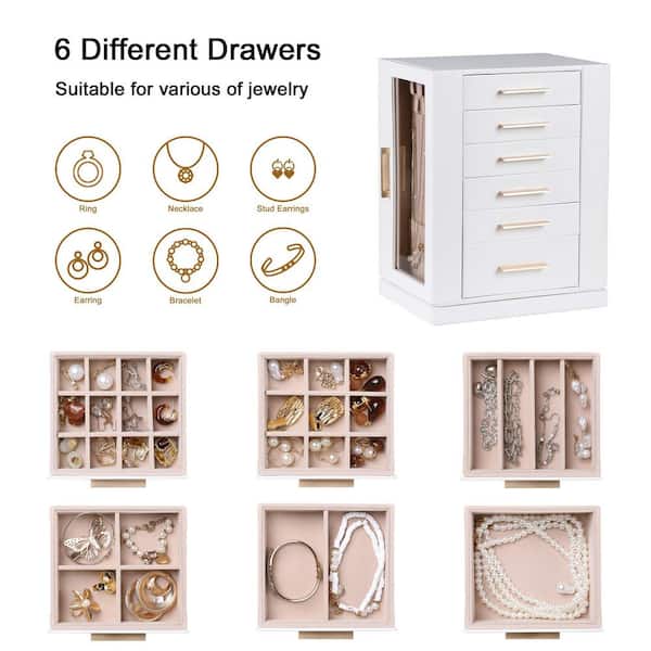 White PU leather 360° rotating jewelry box with 6 drawers and