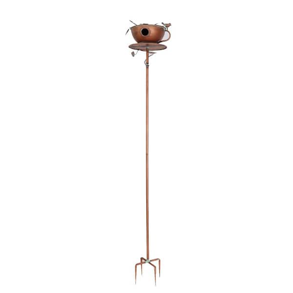 Zaer Ltd. International 63 in. Tall Tea Cup Birdhouse Garden Stake in Antique Copper