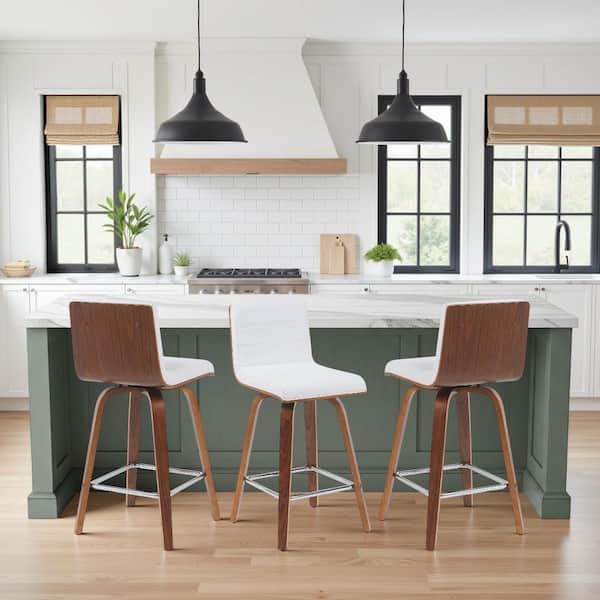 Vienna 35.5 in. H White / Walnut Square Back Wood Bar Stool with Faux Leather Seat Set of 3