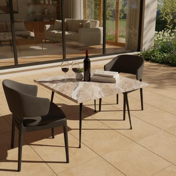 Taro 24 in. Taupe Brown and Black Square Marble Top Coffee Table with Metal Legs