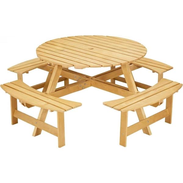 Outdoor Living 70 in. Natural Round Wood Picnic Table 8-Person w/ Umbrella Hole