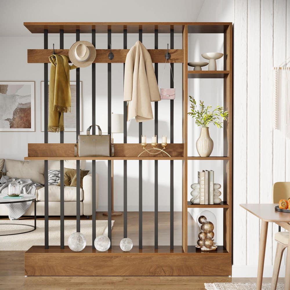 70.86 in. Brown Wood Room Divider, Modern Freestanding 4-Shelf Room Divider Bookcase with 5 Hooks for Home Living Room price history on PriceWatchPro