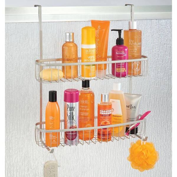 Dracelo Satin Extra Wide Stainless Steel Bath/Shower Over Door Caddy, Hanging Storage Organizer 2-Tier Rack with Hook and Basket