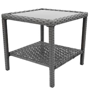 Charcoal Black Frame Square Weather Wicker and Small Coffee Side End Table with Glass Top for Outside Patio in Grey