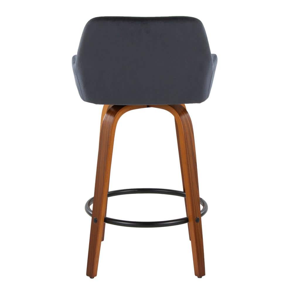 Black Velvet Swivel Counter Stool with Walnut Wood Legs