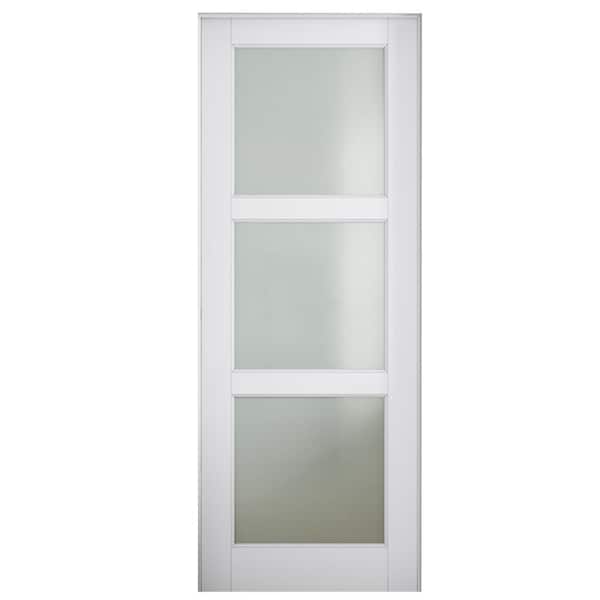 24 in. x 96 in. 3-Lite Frosted Glass Left-Handed White Solid Core MDF Door with Quick Assemble Jamb Kit