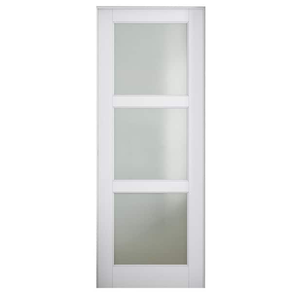 ARK DESIGN 24 in. x 80 in. 3-Lite Frosted Glass Left Handed White Solid Core MDF Prehung Door with Quick Assemble Jamb Kit