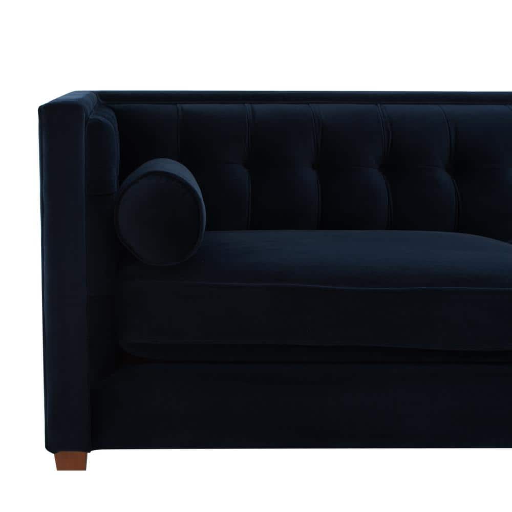 Dark Navy Blue Velvet Tufted Tuxedo Settee with Wood Legs