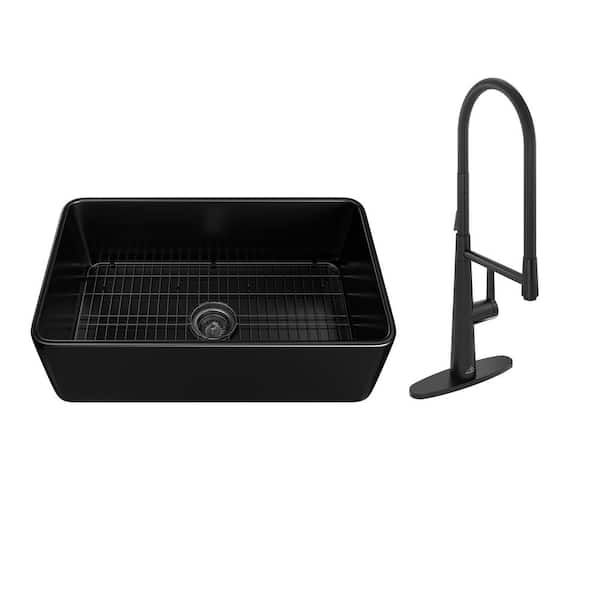 CASAINC Black Fireclay 30 in. Single Bowl Farmhouse Apron Kitchen Sink with Sprayer Kitchen Faucet and Accessories, 30 in. Matte Black Fireclay