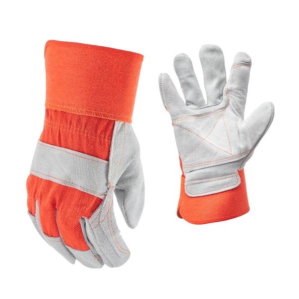 FIRM GRIP Orange Suede Cowhide Leather and Denim Large Work Gloves
