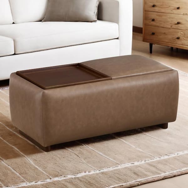 SPRUCE & SPRING Calista Saddle Brown Leather Tray Top Storage Ottoman with for Living Room and Bed Room