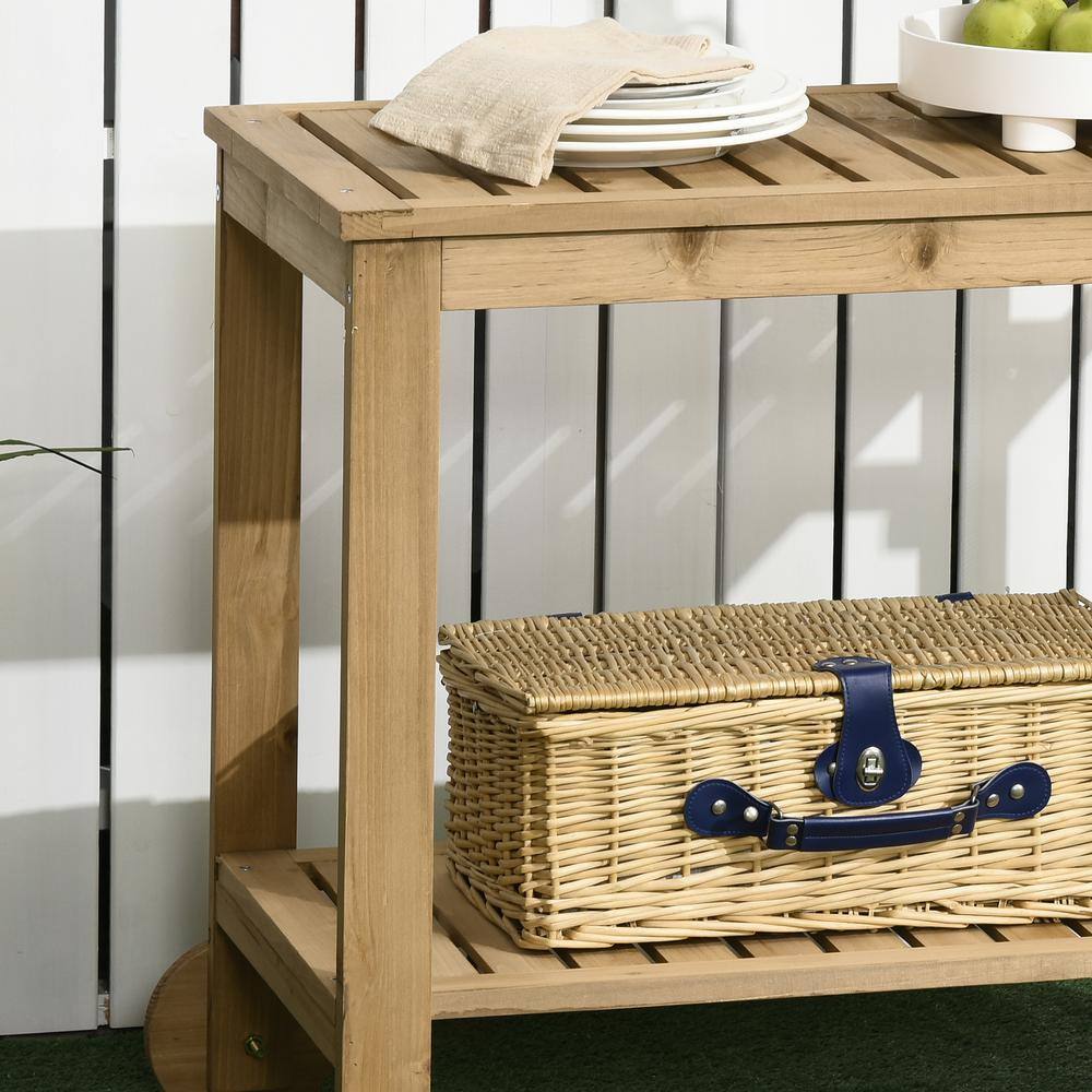 Natural Wood Outdoor Bar Cart with Wine Rack