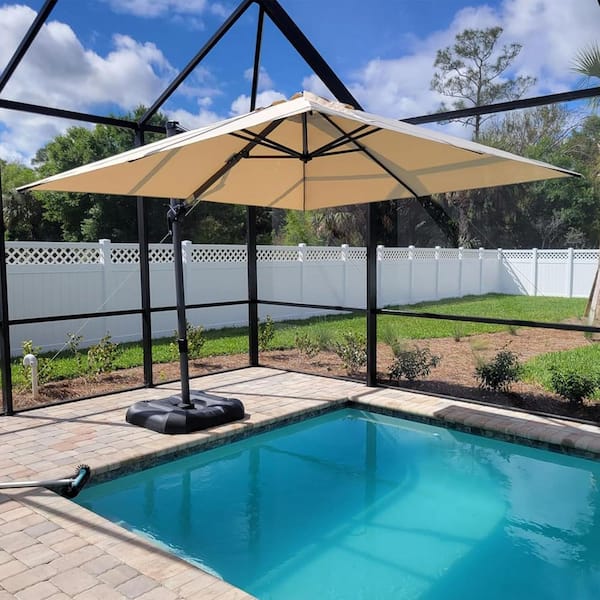 8 ft. Square Aluminum Outdoor Patio Cantilever Umbrella Offset 360° Rotation Umbrella with Base, Beige