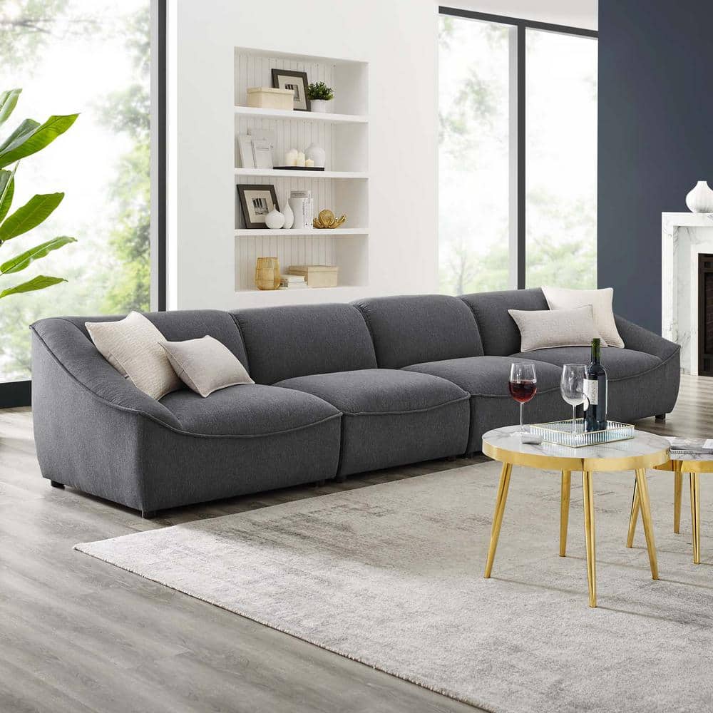 Charcoal Gray 4-Piece Modular Upholstered Sofa with Rubberwood Legs