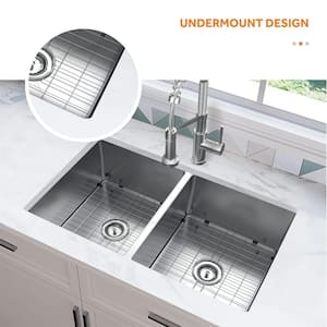 Tight Radius 36 in. Undermount 50/50 Double Bowl 18 Gauge Stainless Steel Kitchen Sink with Spring Neck Faucet