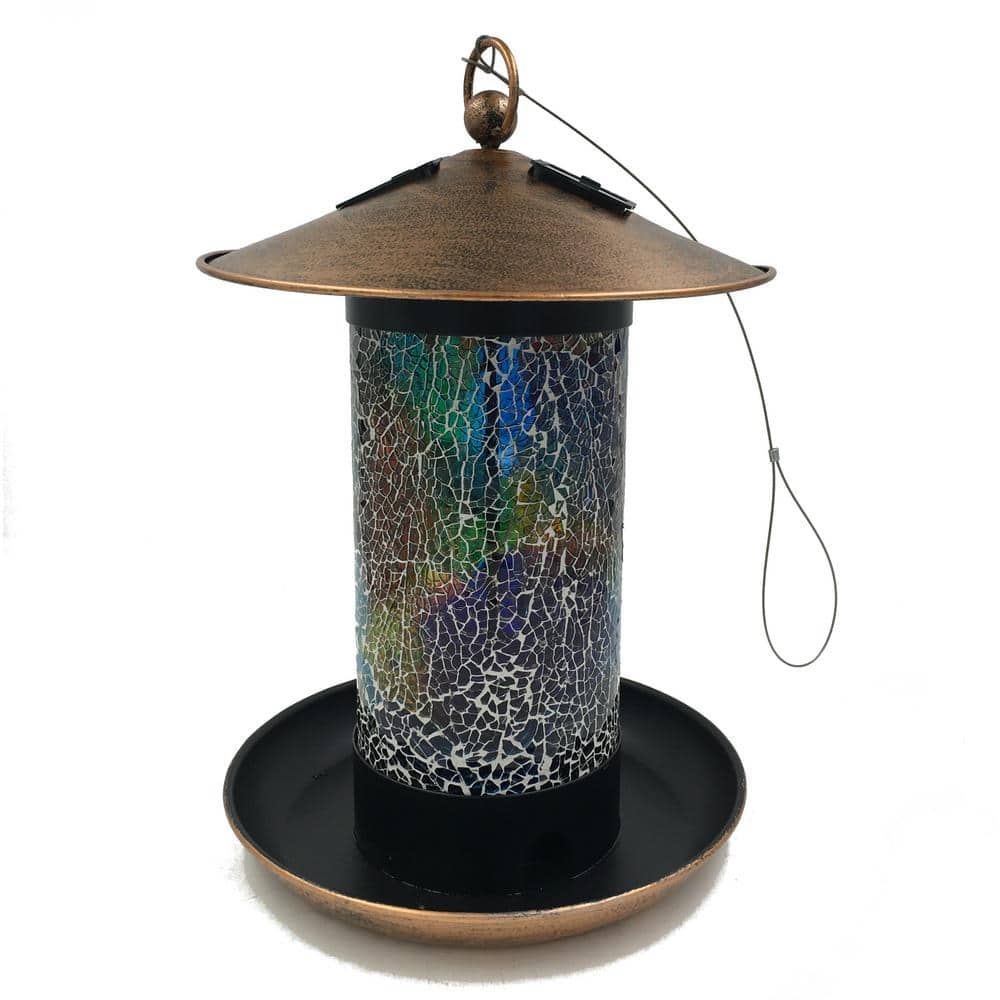 Solar 10.5 in. Metal and Mosiac Glass Bird Feeder in Copper