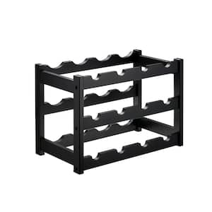 Black 3-Tier 12-Bottles Bamboo Wine Rack, Sturdy and Durable Wine Storage Cabinet Shelf, Wine Racks Countertop