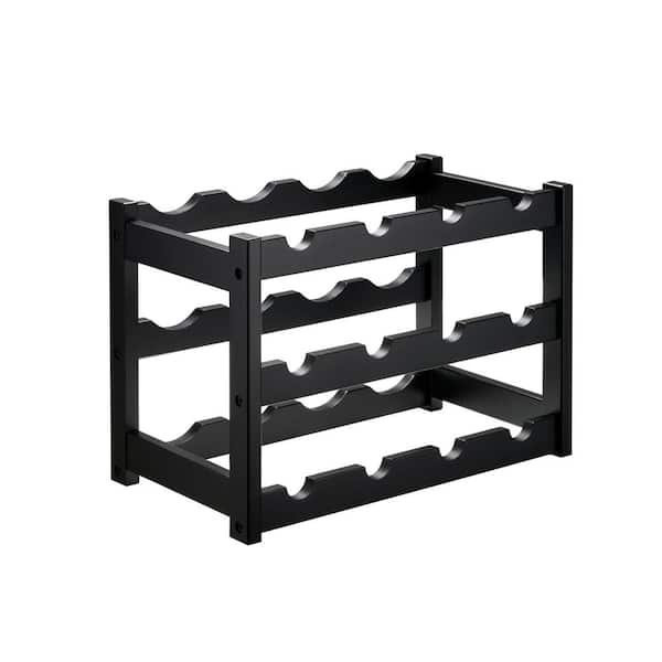 Angel Sar Black 3-Tier 12-Bottles Bamboo Wine Rack, Sturdy and Durable Wine Storage Cabinet Shelf, Wine Racks Countertop