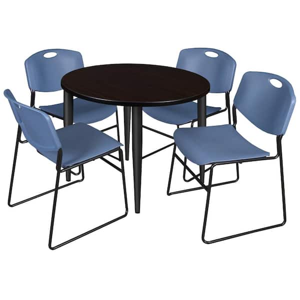 Regency Trueno 36 in. Round Mocha Walnut and Black Wood Breakroom Table and 4-Blue Zeng Stack Chairs (Seats 4)