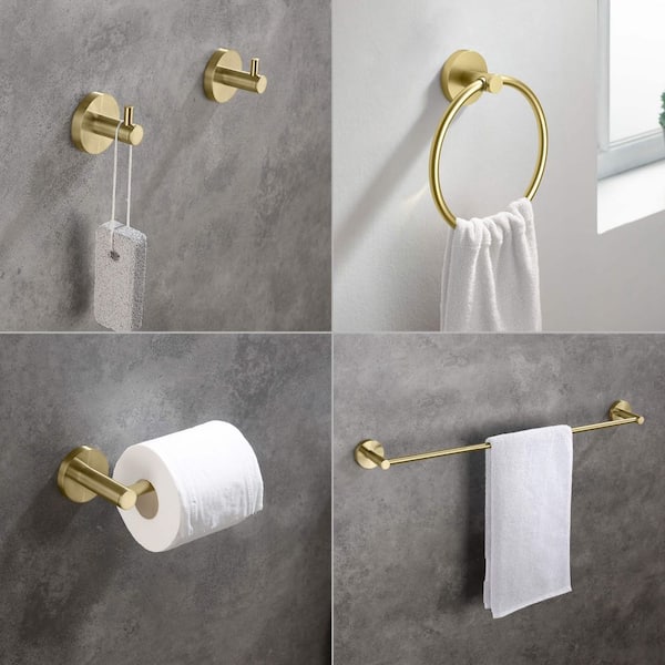 5-Piece Bathroom Hardware Set with Towel/Robe Hook Toilet Paper Holder Towel Ring Towel Bar/Rack in Brushed Gold