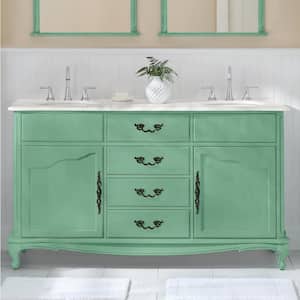 Provence 62 in. W x 22 in. D x 35 in. H Double Sink Freestanding Bath Vanity in Vintage Turquoise with White Marble Top
