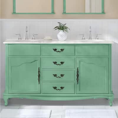 Provence 62 in. Double Sink Vintage Turquoise Bath Vanity with White Marble Top (Assembled)