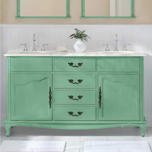 Home Decorators Collection Provence 62 in. W x 22 in. D x 35 in. H Double Sink Freestanding Bath Vanity in Vintage Turquoise with White Marble Top