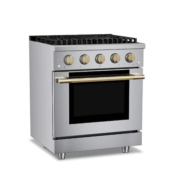 HausPro 30 in. 4-Burners (20,000 BTU) Freestanding Dual Fuel Range in Stainless Steel with Convection Oven Satin Brass