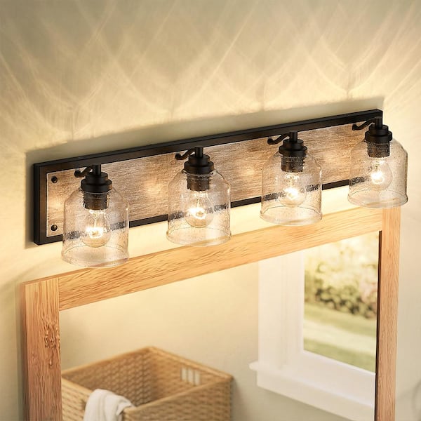 Farmhouse 31.5 in. 4-Light Black and Grey Wood Grain Metal Bathroom Vanity Light with Clear Seeded Glass Shades