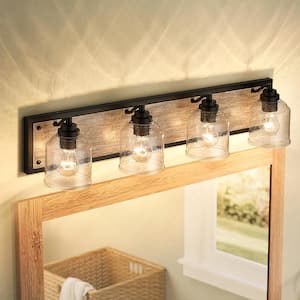 Farmhouse 31.5 in. 4-Lights Black Bathroom Vanity Light, Modern Wood Grain Wall Sconce with Clear Seeded Glass Shades