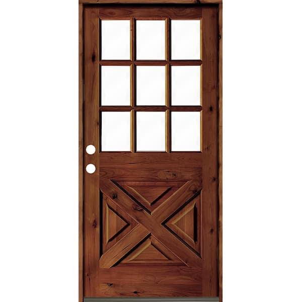 Krosswood Doors 32 in. x 80 in. Knotty Alder Right-Hand/Inswing X-Panel 1/2 Lite Clear Glass Red Chestnut Stain Wood Prehung Front Door