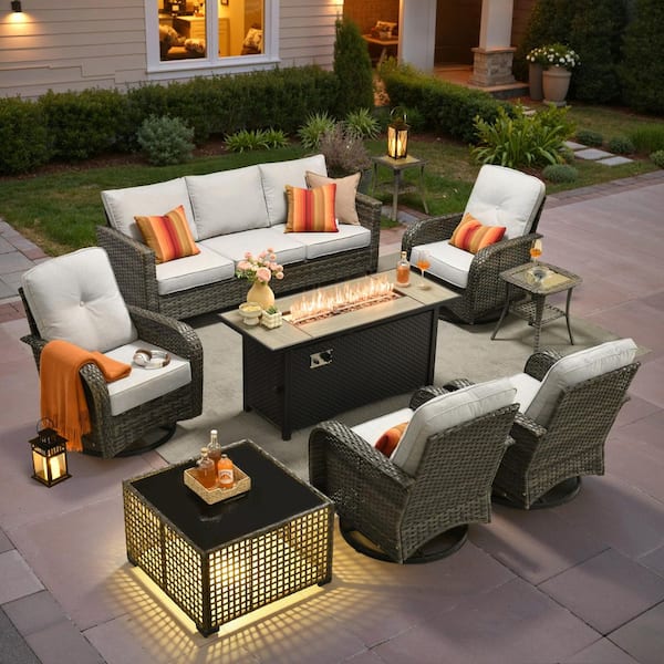 Poise 9-Pieces Wicker Outdoor Patio Rectangular Fire Pit Set and Swivel Rocking Chairs with Navy Blue Cushions