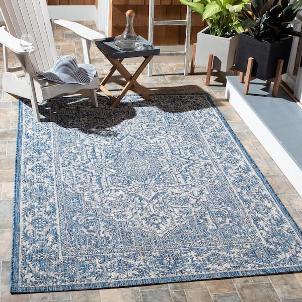 Courtyard Navy/Light Gray 8 ft. x 10 ft. Border Medallion Floral Indoor/Outdoor Patio  Area Rug