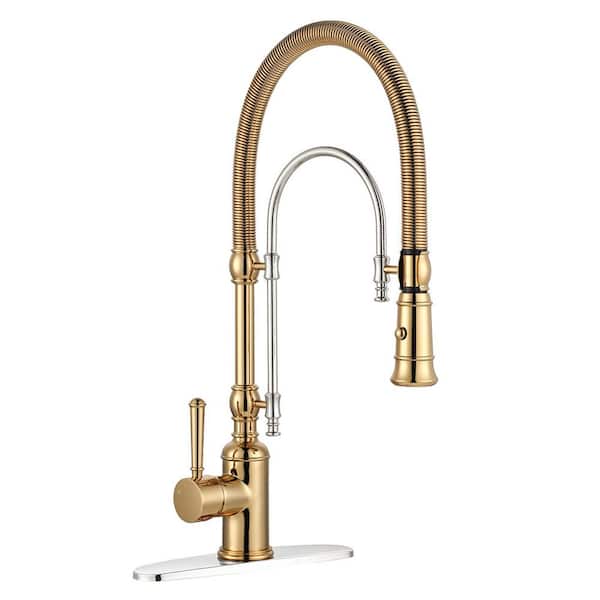 20.7 in. H Single Handle Deck Mount Pull Down Sprayer Kitchen Faucet with 360° Spout Swivel in Gold and Chrome