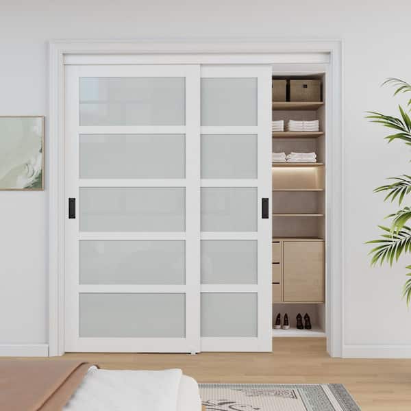 72 in. x 80 in. 5-Lite Frosted Glass Primed White MDF Interior Closet Sliding Door Black Handles and Hardware