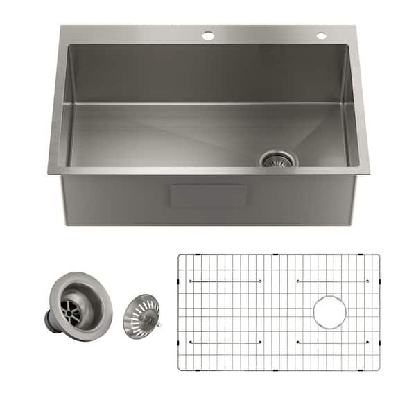 33 in. Drop-in Single Bowl 16-Gauge Brushed Stainless Steel Kitchen Sink with Bottom Grid and Drain