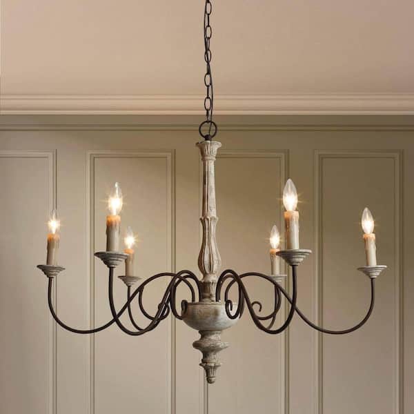 37 in. W Wood Candlestick Chandelier 6-Light Distressed White Farmhouse Chandelier Living Room with French Country Flair
