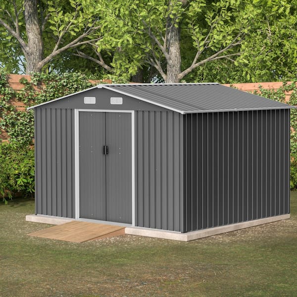 10 ft. x 8 ft. Outdoor Metal Storage Shed 80 sq. ft. Covered Area, for Garden Tools, Lockable Door, with Floor Frame