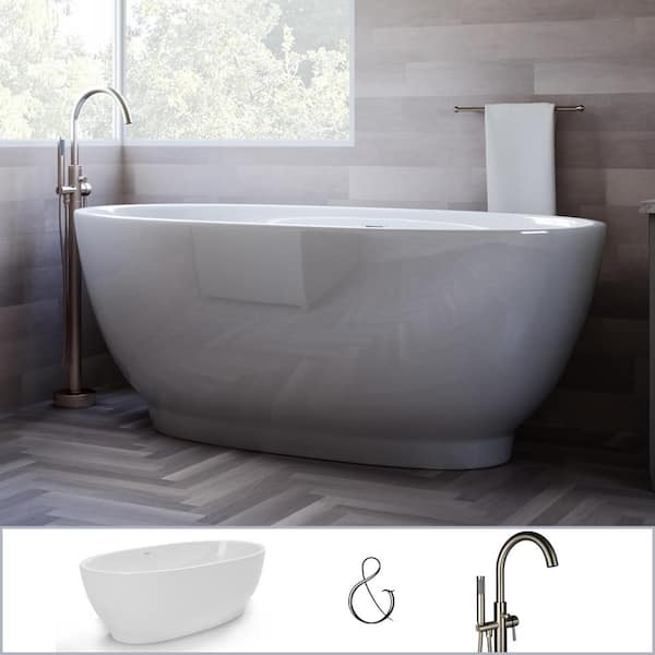 PELHAM & WHITE W-I-D-E Series Grandby 65 in. Acrylic Oval Freestanding Tub in White, Floor-Mount Single-Post Faucet in Brushed Nickel