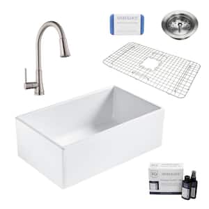 Bradstreet II 30 in Farmhouse Apron Front Undermount Single Bowl Crisp White Fireclay Kitchen Sink with Stainless Faucet