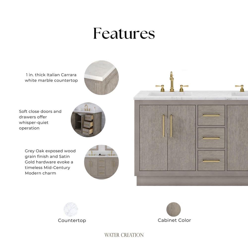 Hugo 60'' Grey Oak Double Sink Vanity with Satin Gold Hardware