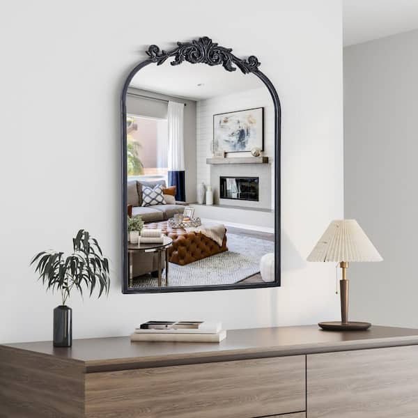 Elevatehome 24 in. W x 36 in. H Vintage Carved Black Arched Framed Wall Bathroom Vanity Mirror in Cast Iron Floral