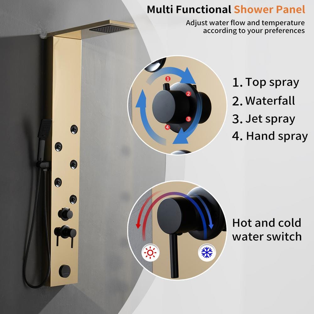 Gold Brushed 4-Jet Rainfall Shower Panel System with Handheld Wand