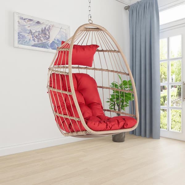 AUTMOON 28.5 in. Wicker Rattan Foldable Patio Hanging Swing Chair with Red Cushions (No Stand)