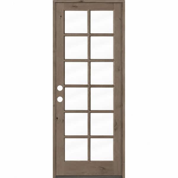 36 in.x 96 in. Knotty Alder Right-Hand/Inswing 12 Lite Clear Glass BEHR Weathered Gray Stain Wood Prehung Front Door